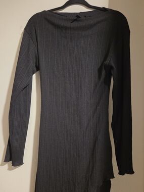 Divided Black Ribbed Long-Sleeve Maxi Dress